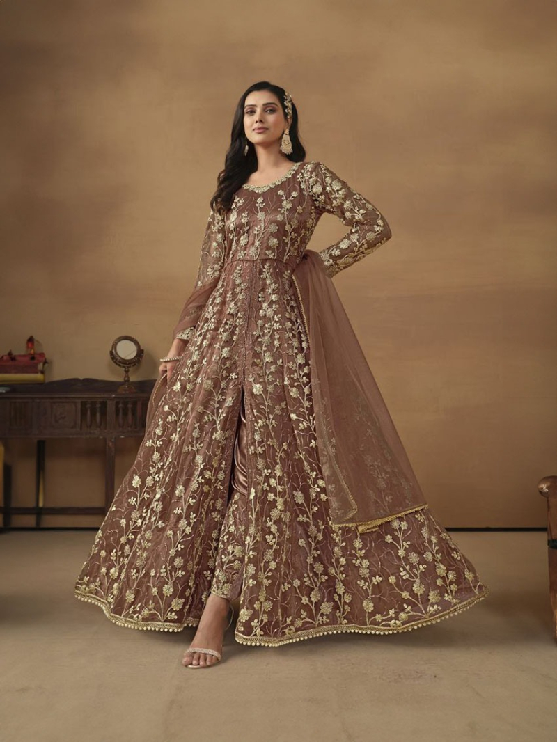 Royal Traditional Brown Butterfly Net Anarkali Suit
