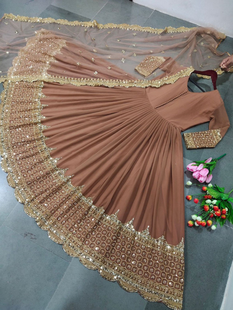 Elegant Festive Light Taupe Brown Embroidered Anarkali Gown Suit