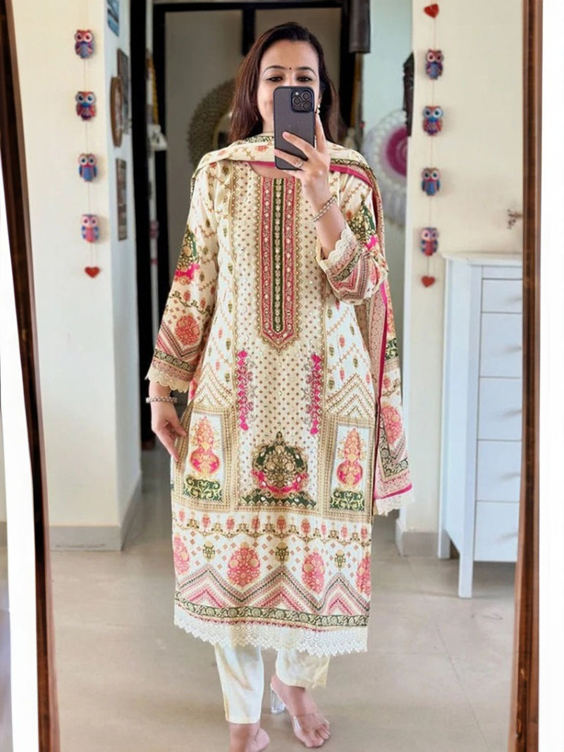 Elegant Printed Banana Silk & Embellished Straight Suit
