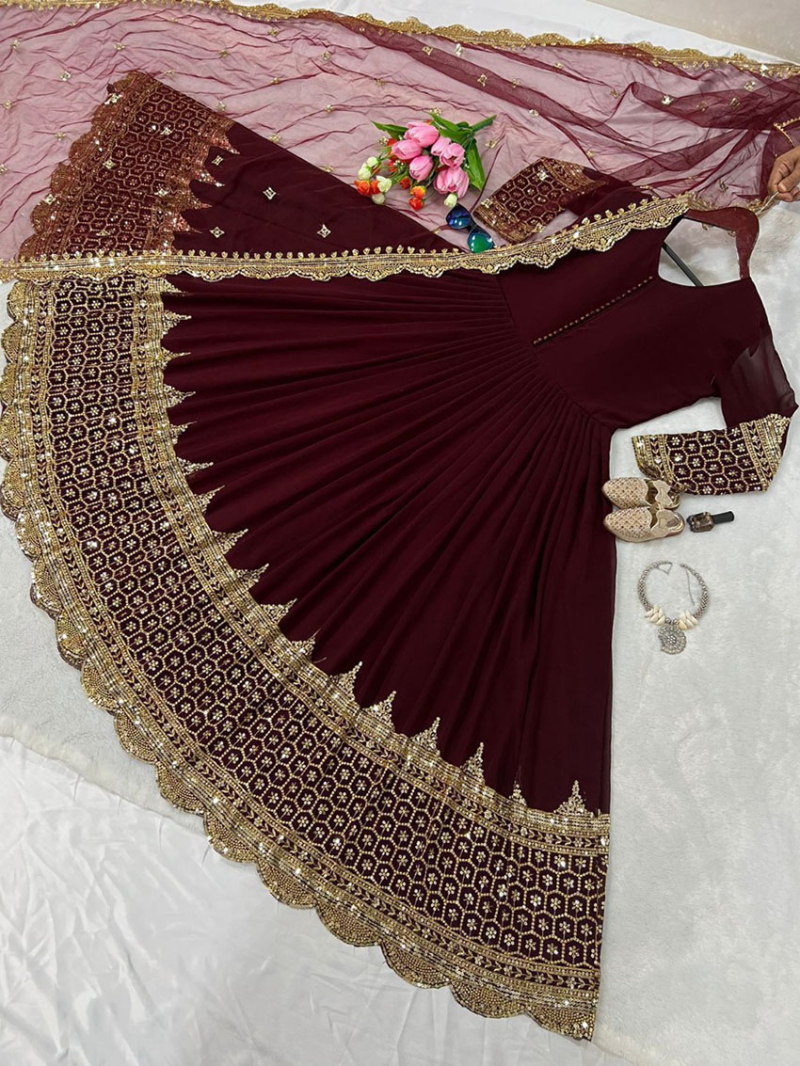 Ethnic Festive Dark Maroon Embroidered Anarkali Gown Suit