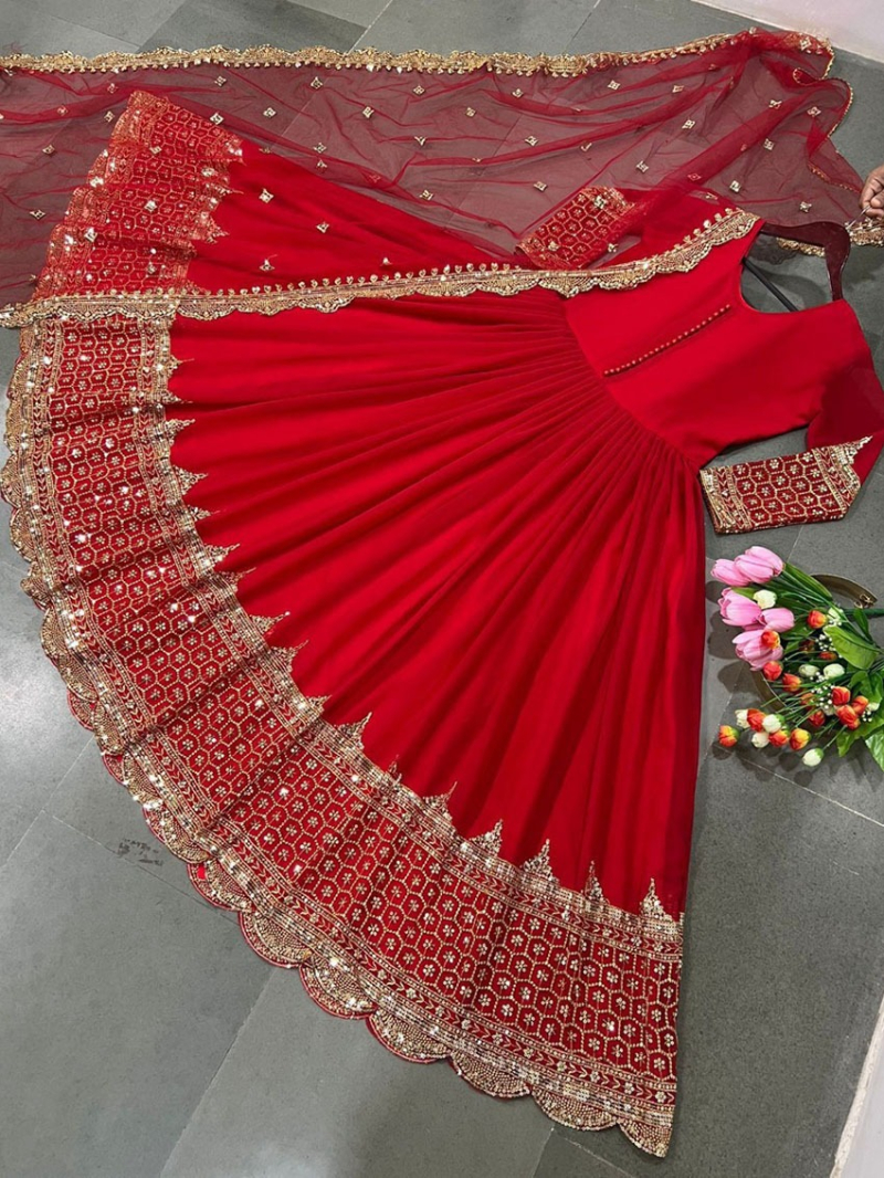 Ethnic Elegant Festive Deep Red Embroidered Anarkali Gown Suit