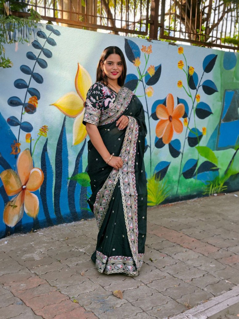 Ethnic Traditional Festive Bottle Green Organza Silk Saree