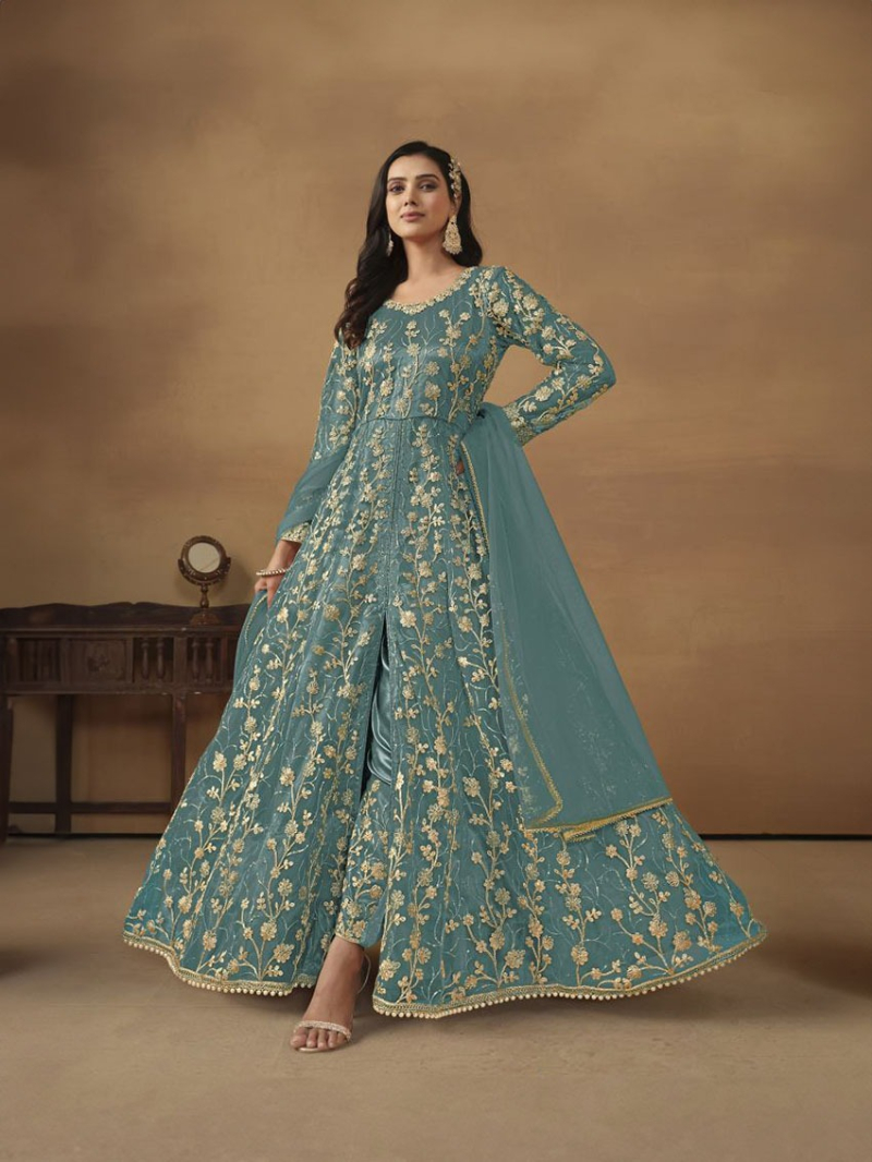 Elegant Traditional Dusty Aqua Blue Butterfly Net Anarkali Suit