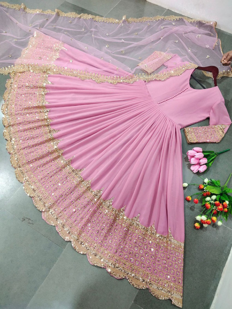 Ethnic Traditional Festive Dusty Pink Embroidered Anarkali Gown Suit