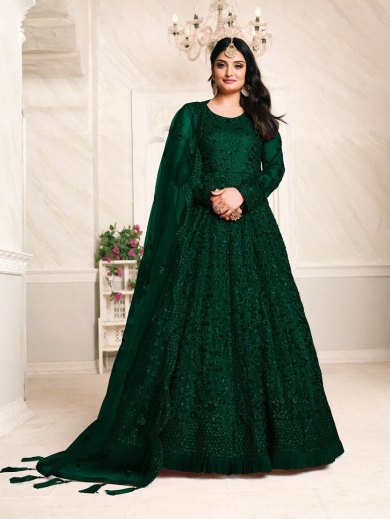 Elegant Traditional Emerald Green Thread Floor Length Anarkali Suit