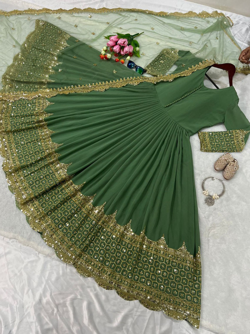 Ethnic Traditional Fern Green Embroidered Anarkali Gown Suit