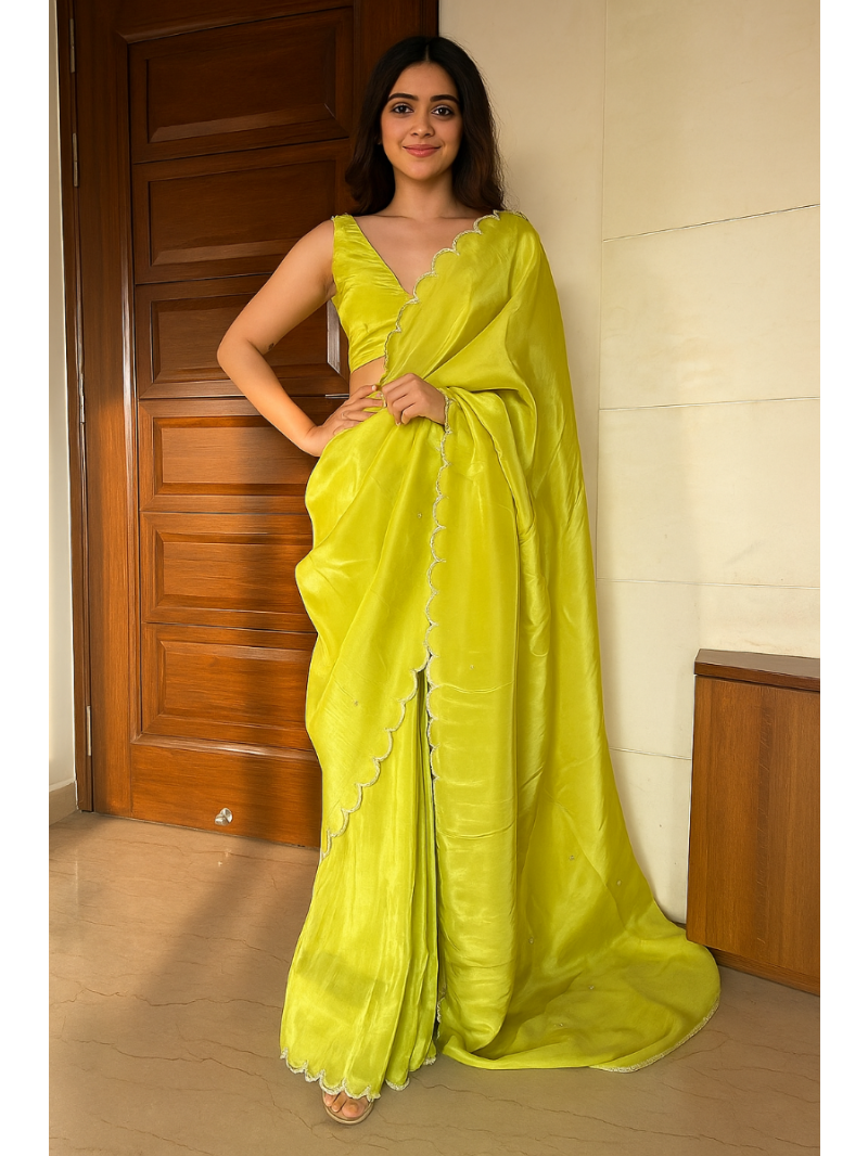 Ethnic Festive Traditional Lime green Soft Chinnon Silk Saree 