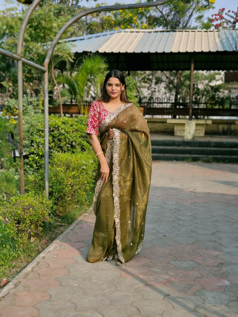 Traditional Ethnic Festive Olive Green Candy Crush Silk Saree