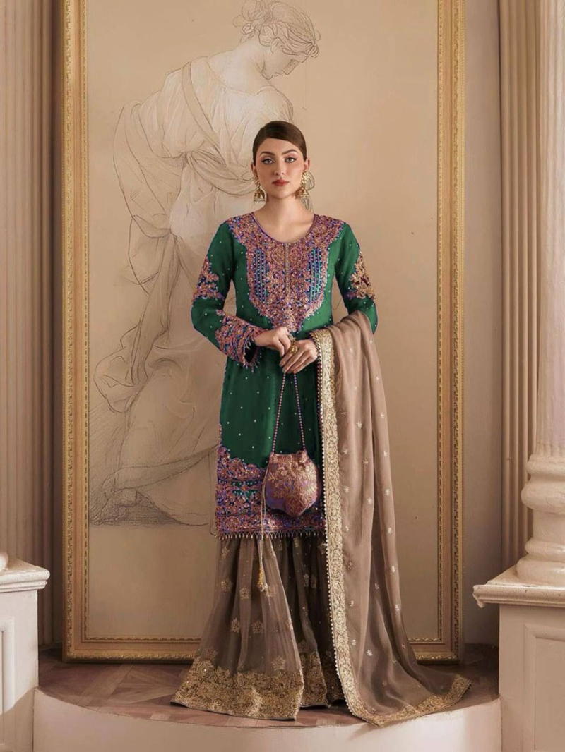 Authentic Emerald Green and Gold Faux Georgette Embroidered Sharara Suit