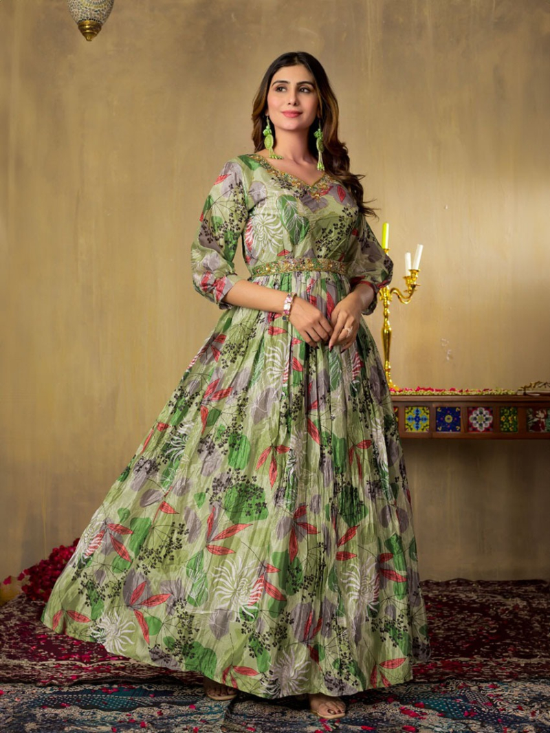 Ethnic  Traditional Green Chinnon Silk long Anarkali Style Suit