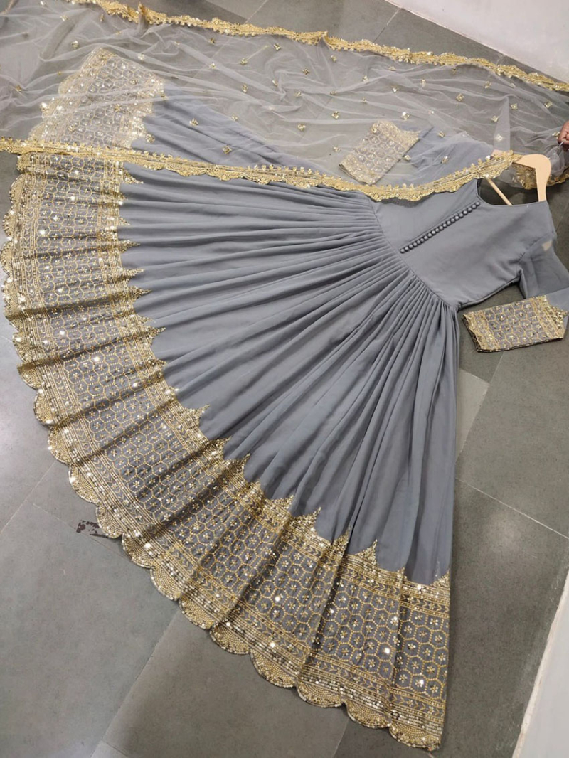 Elegant Festive Traditional Grey Embroidered Anarkali Gown Suit