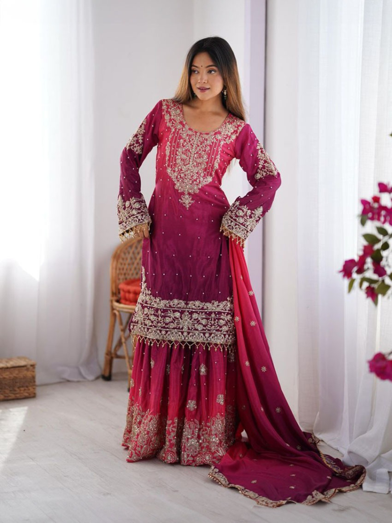Elegant Ethnic Designer Fuchsia & Rose Pink Chinnon Silk Plazo Suit
