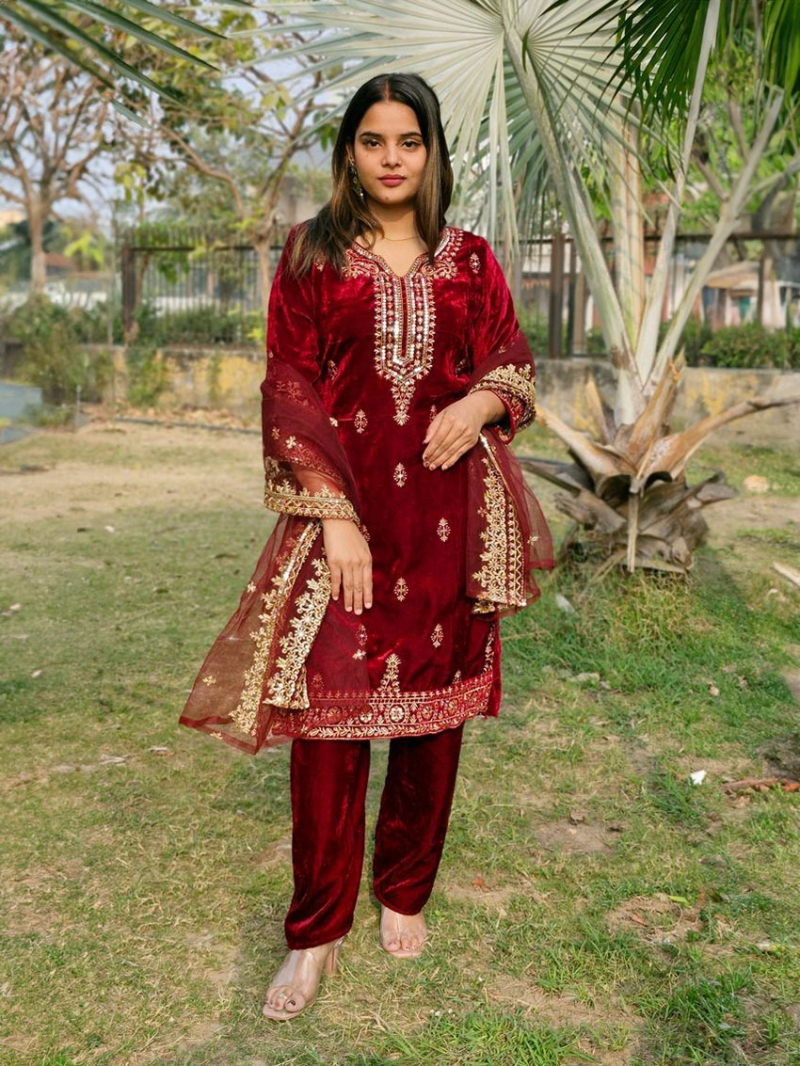 Elegant Ethnic Traditional Festive Maroon Viscose Velvet Straight Suit