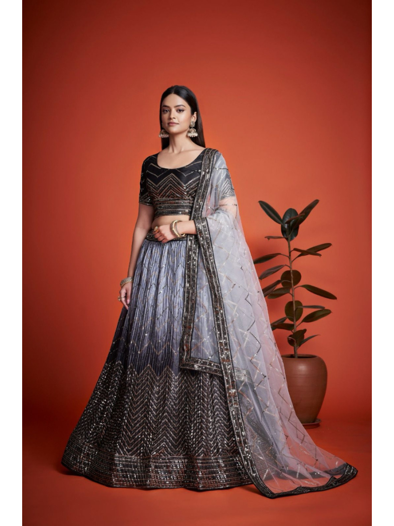 Festive Wear Chinon Silk Black and Grey Shaded Lehanga