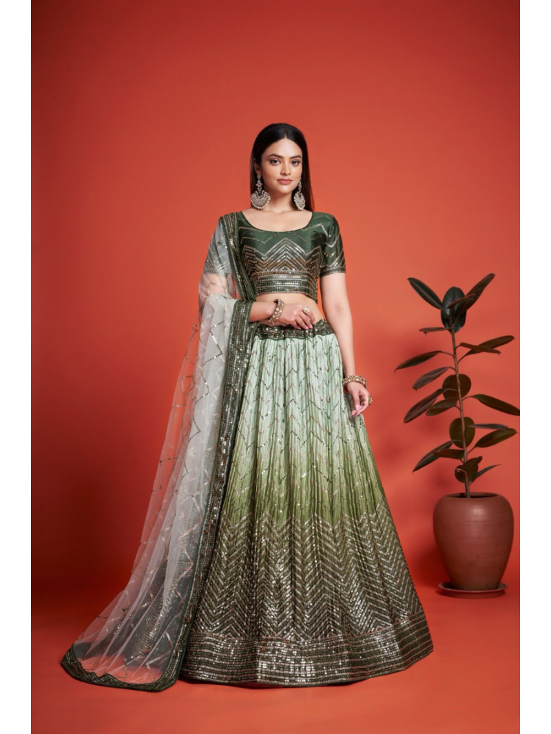Festive Wear Chinon Silk Green Shaded Lehanga