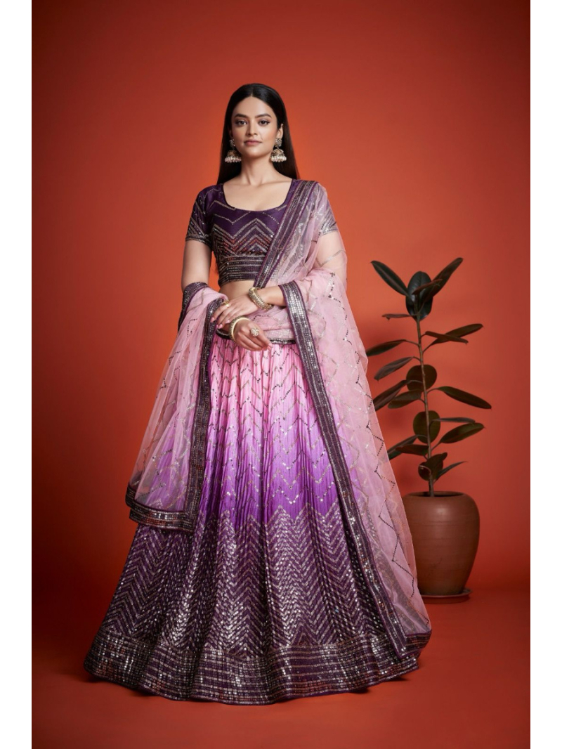 Festive Wear Chinon Silk Pink And Purple Shaded Lehanga