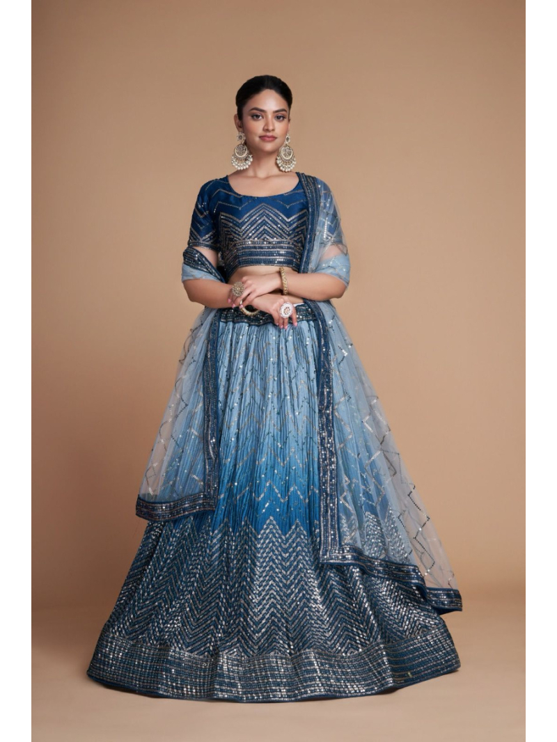 Festive Wear Chinon Silk Blue Shaded Lehanga
