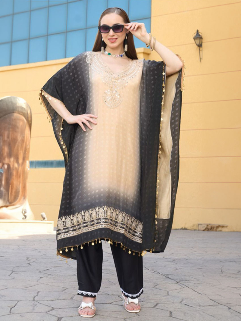  Pure Crepe Black and Beige Kaftan