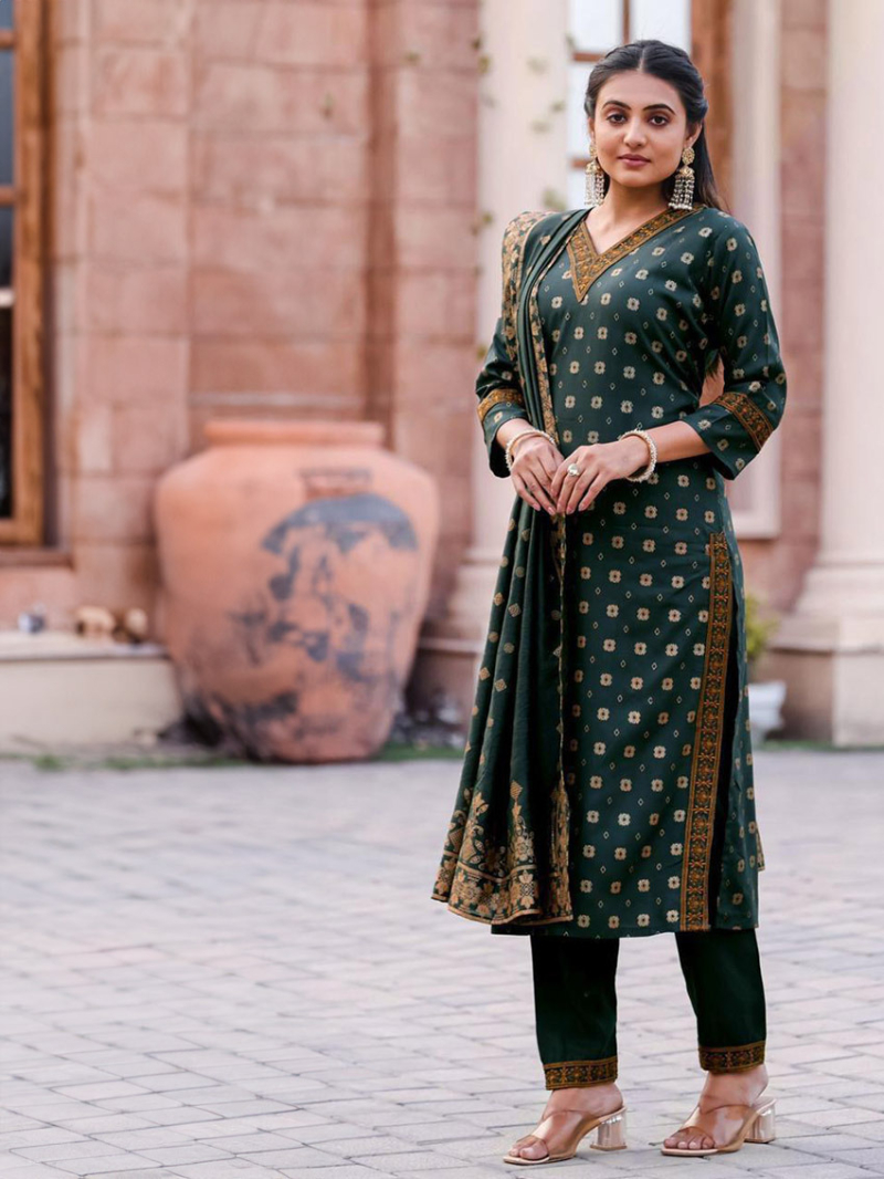 Ethnic Festive Green Rayon Chanderi Silk Straight Suit