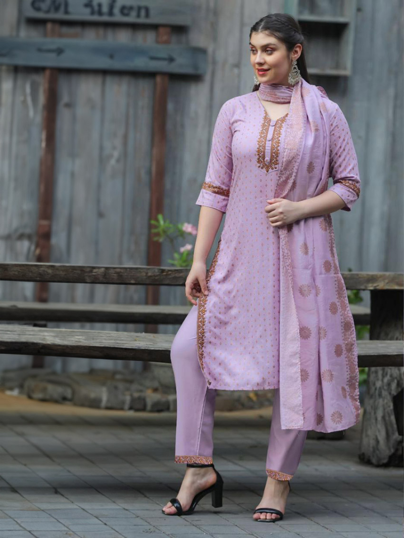 Elegant Ethnic Light Pink Rayon Chanderi Silk Straight Suit