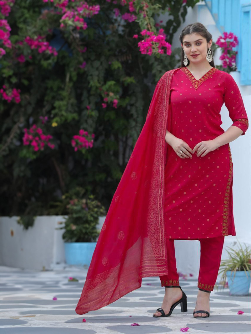 Elegant Ethnic Red Rayon Chanderi Silk Straight Suit