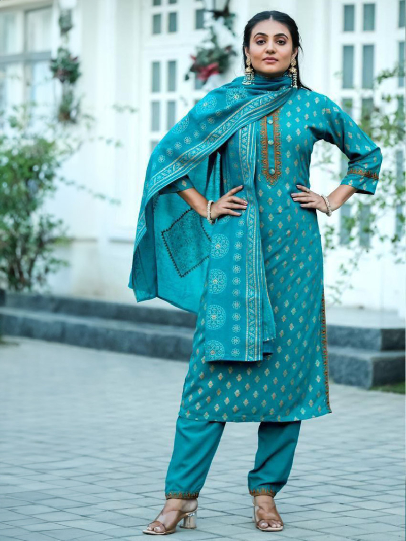 Ethnic Elegant Aqua Blue Chanderi Silk Straight Suit