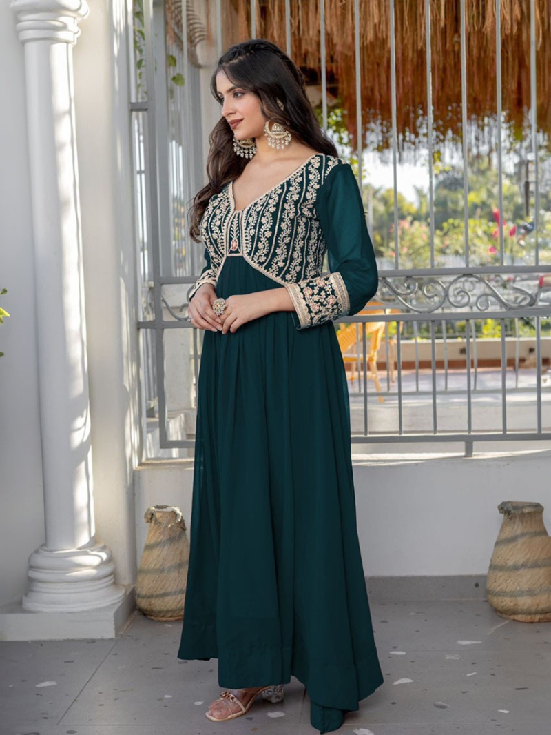 Elegant Ethnic Festive Georgette Bottle Green Anarkali Suit