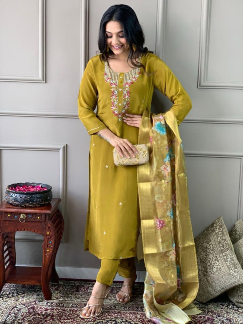 Elegant Ethnic Festive Mehandi Green Straight Suit
