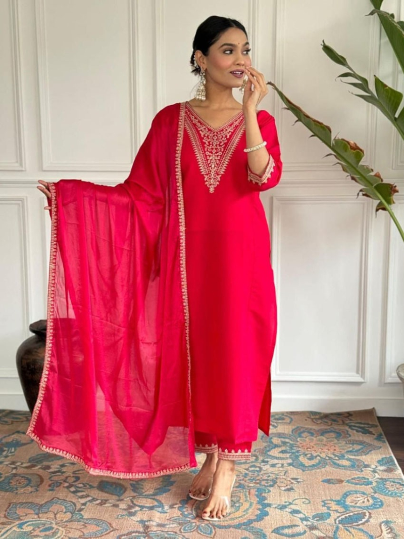 Elegant Ethnic Rani Pink Roman Silk Straight Suit