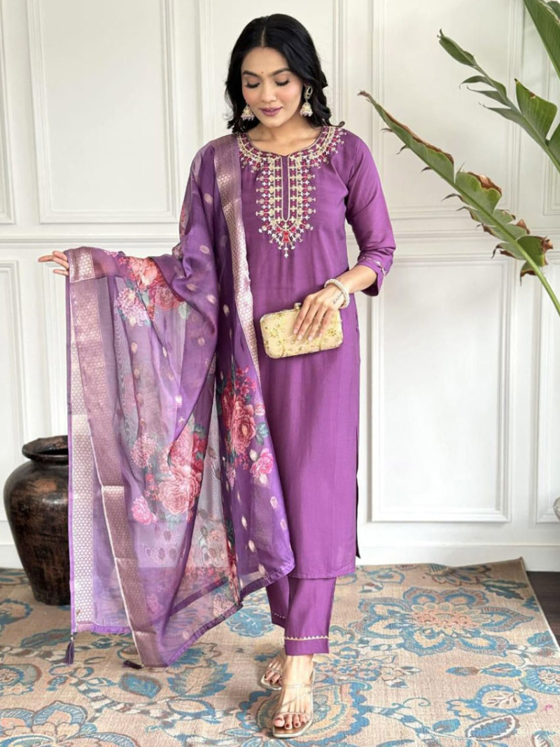Elegant Ethnic  Purple Viscose Roman Silk Straight Suit
