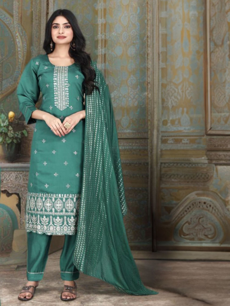 Traditional  Ethnic Teal  Jacquard Roman Silk Straight Suit