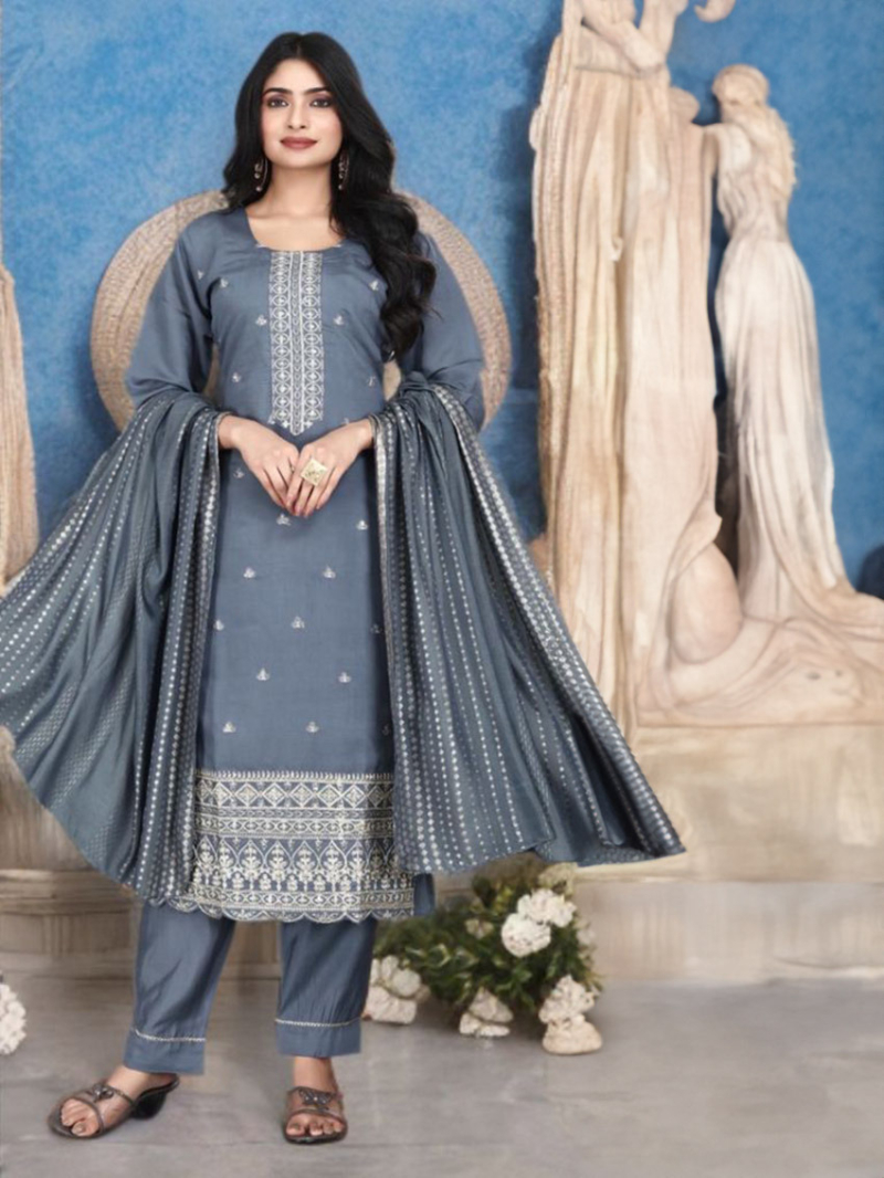 Festive Traditional Grey  Jacquard Roman Silk Straight Suit