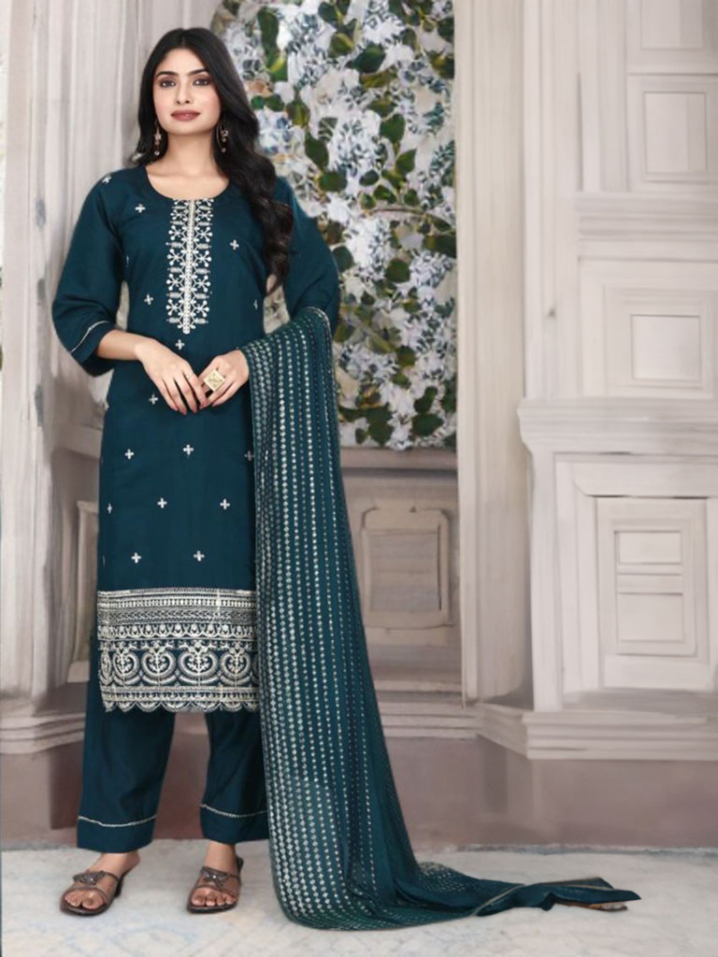 Ethnic Festive  Jacquard Teal Roman silk Straight Suit