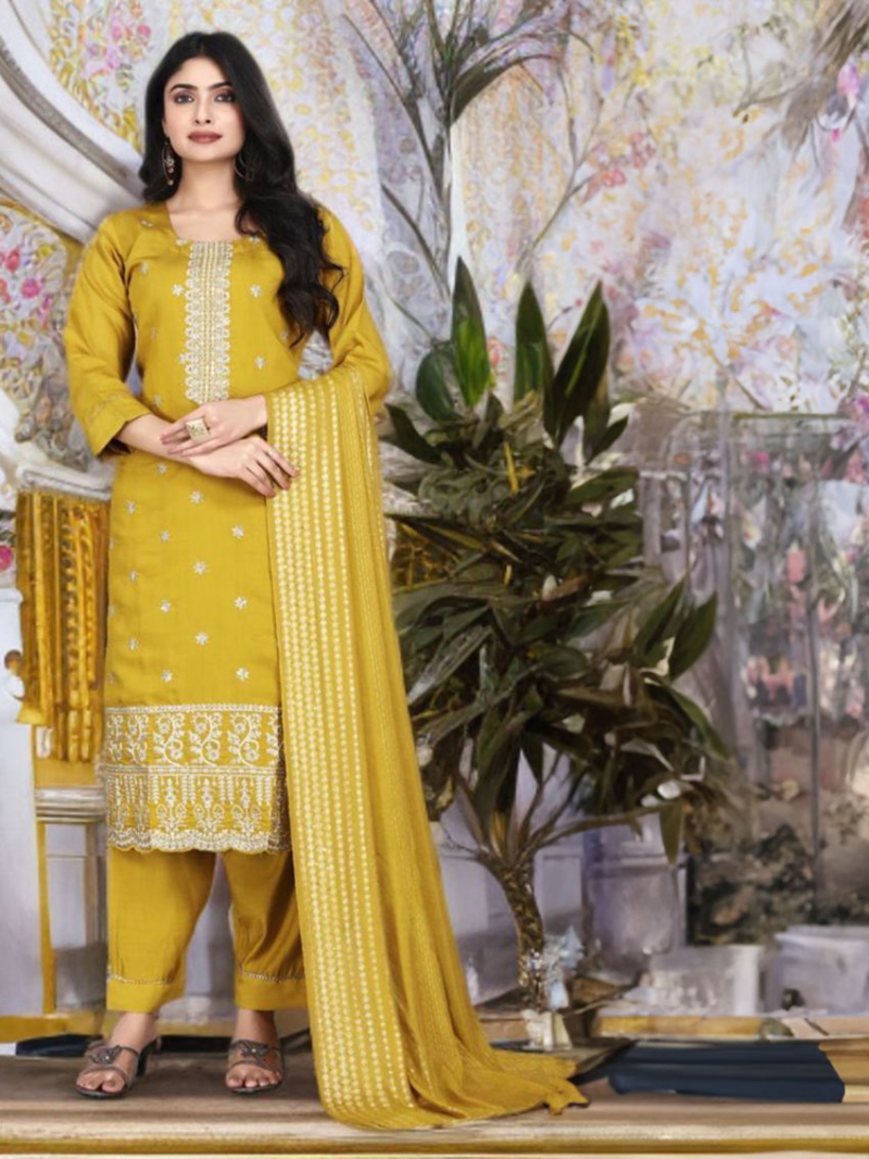 Ethnic Festive Jacquard Yellow Roman silk Straight Suit