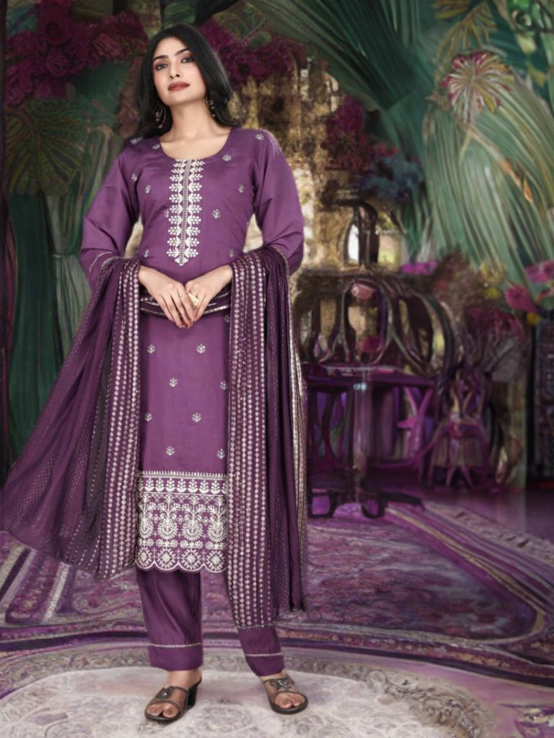 Elegant Ethnic Purple Jacquard Roman Silk Straight Suit