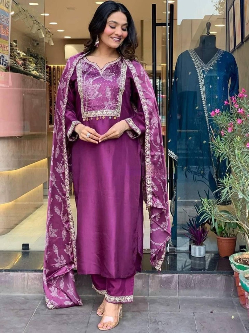 Elegant Traditional Purple Roman Silk Straight Suit
