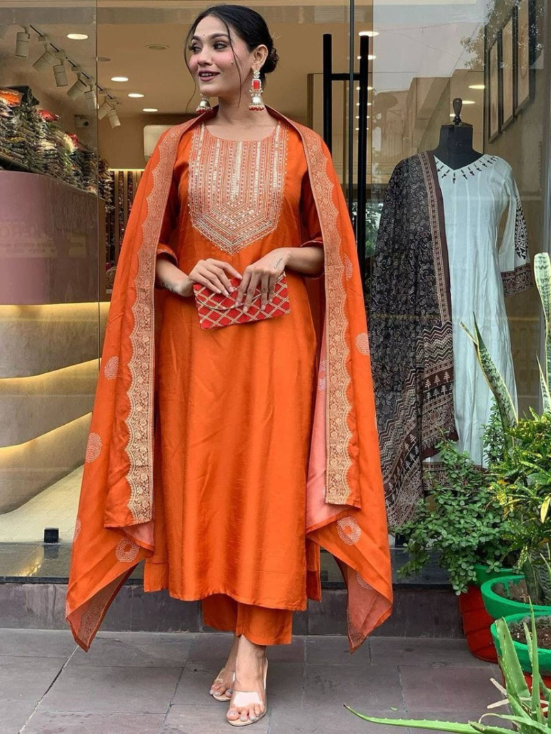 Elegant Ethnic Rust Rayon Straight Suit
