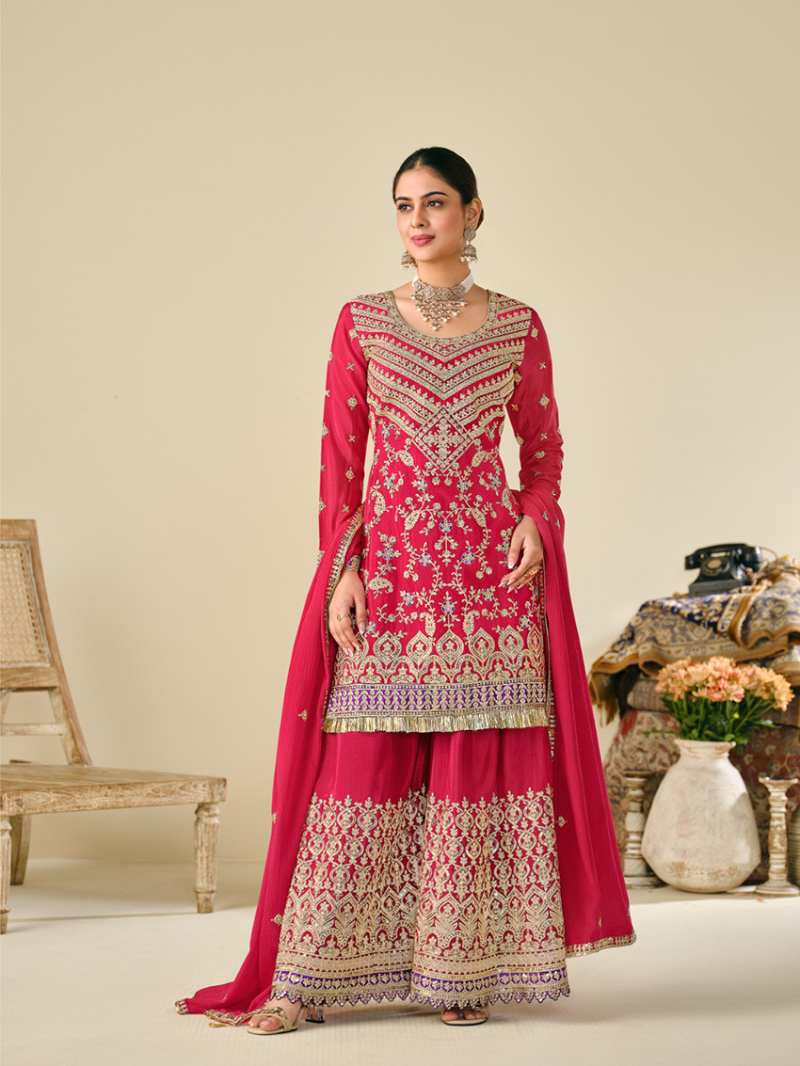 Elegant Traditional Rani Pink Chinnon Silk Plazo Suit