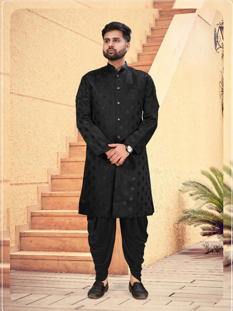 Festive Wear Heavy Jacquard Black Indowestern
