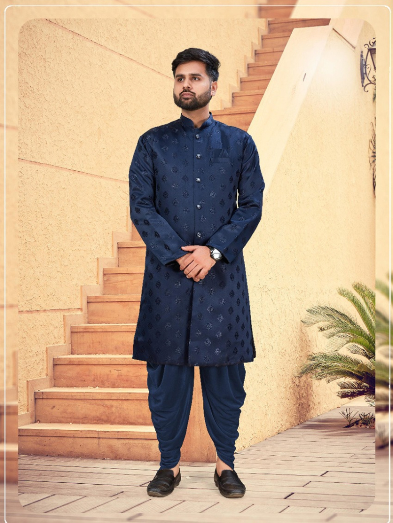 Royal Blue Heavy Jacquard Indowestern