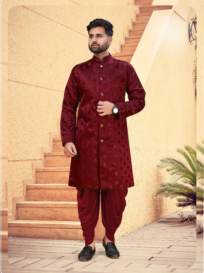 Authentic Maroon Jacquard Indowestern