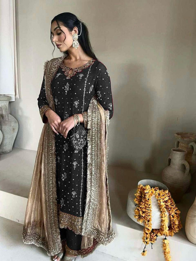 Elegant Ethnic Black Faux Georgette Plazo Suit