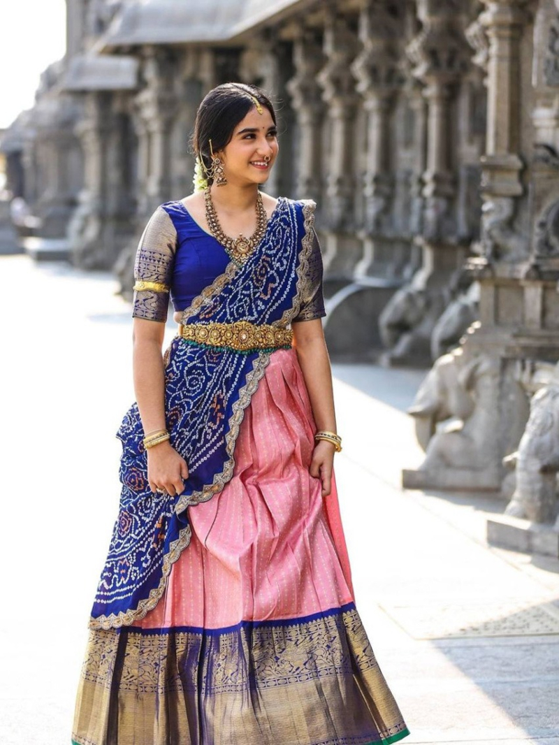 Ethnic Festive Wear Royal Blue Kanchi Pattu Lehanga Suit