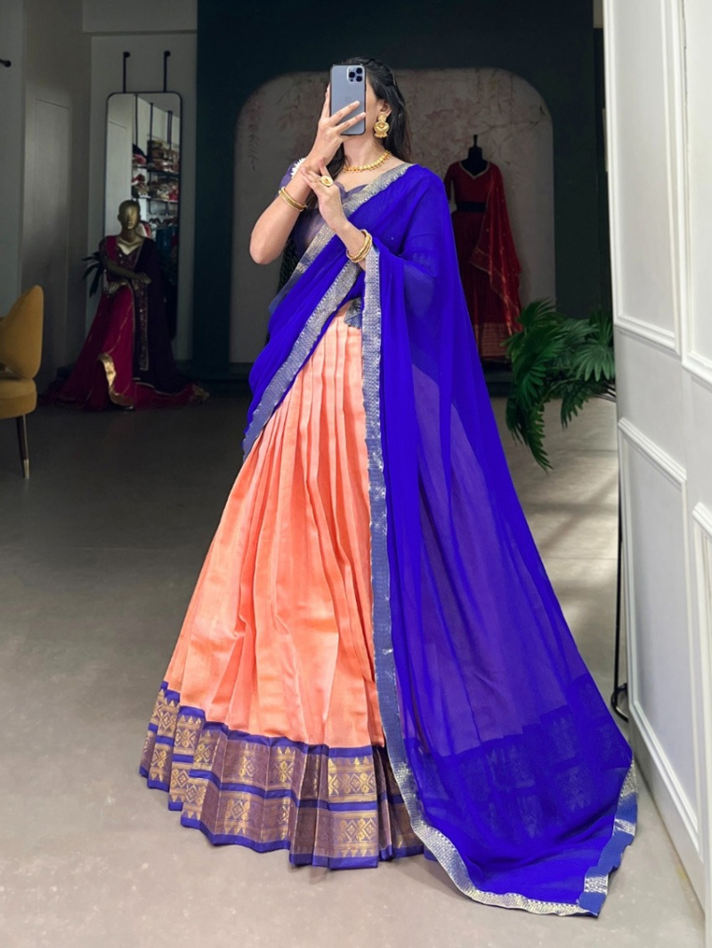 Elegant Ethnic Royal Blue  & Peach  Kanchipuram Lehanga Suit
