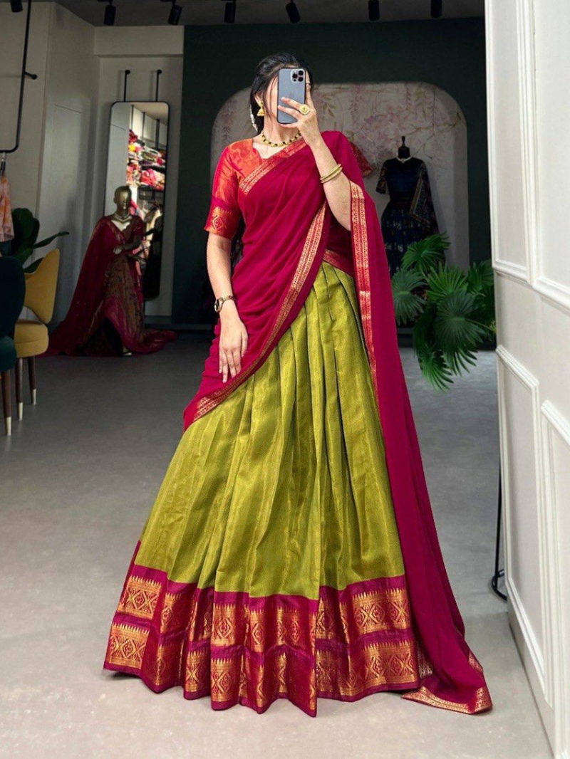 Ethnic Elegant Festive Olive Green & Rani Pink Kanchipuram silk lehanga Suit