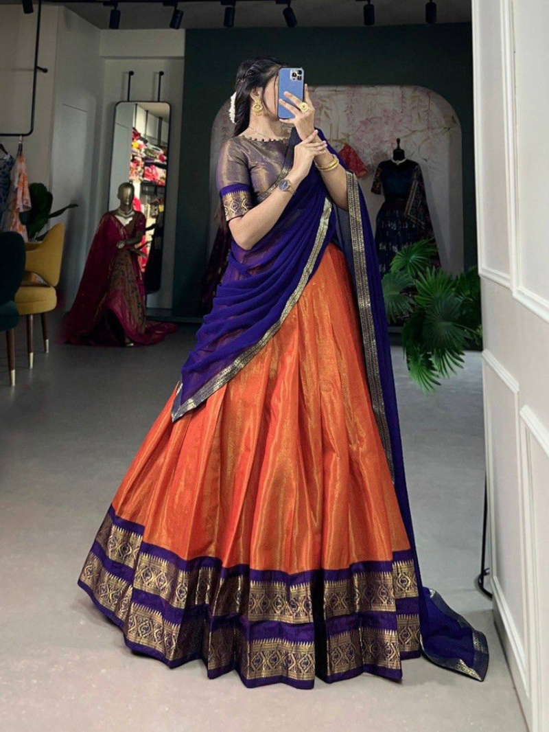 Ethnic Elegnat Festive Orange & Navy Blue Kanchipuram Silk Lehanga Suit