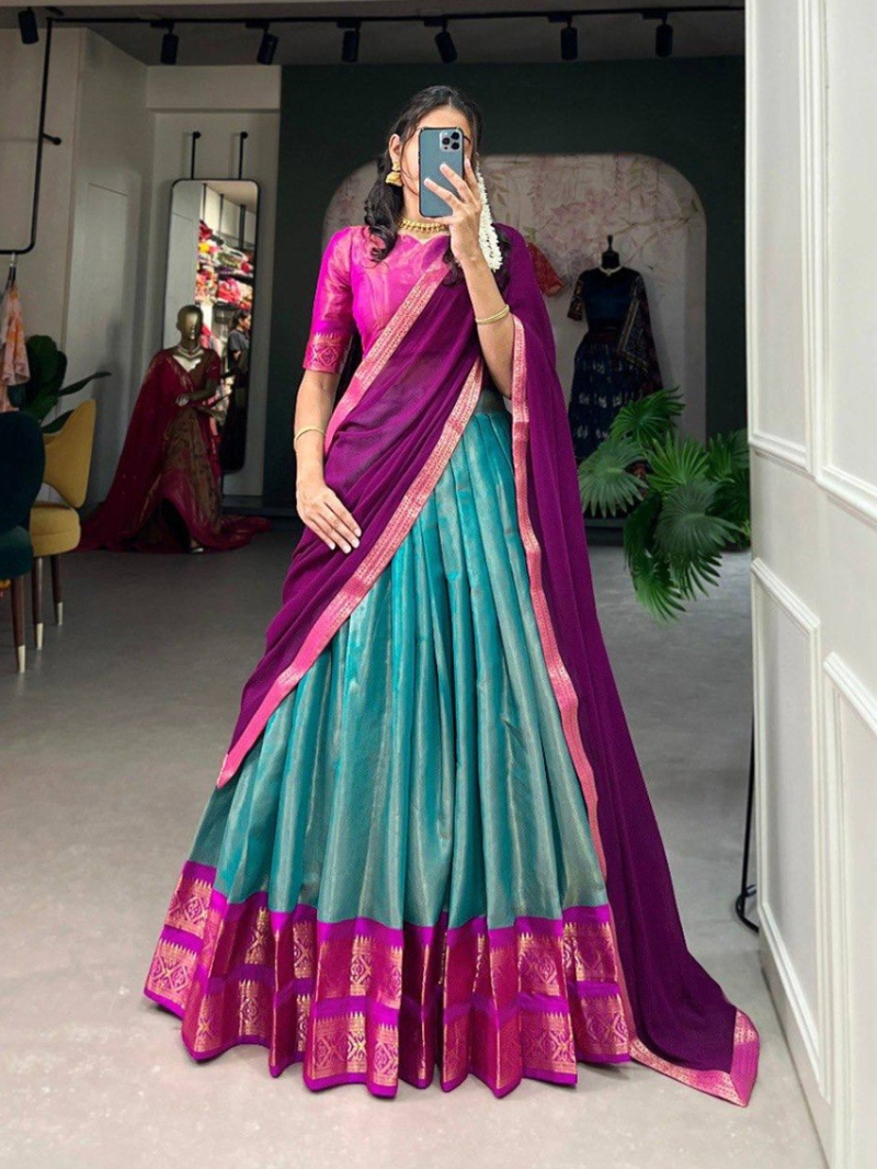 Ethnic Traditional Festive  Teal Blue & Magenta Kanchipuram Silk Lehanga Suit