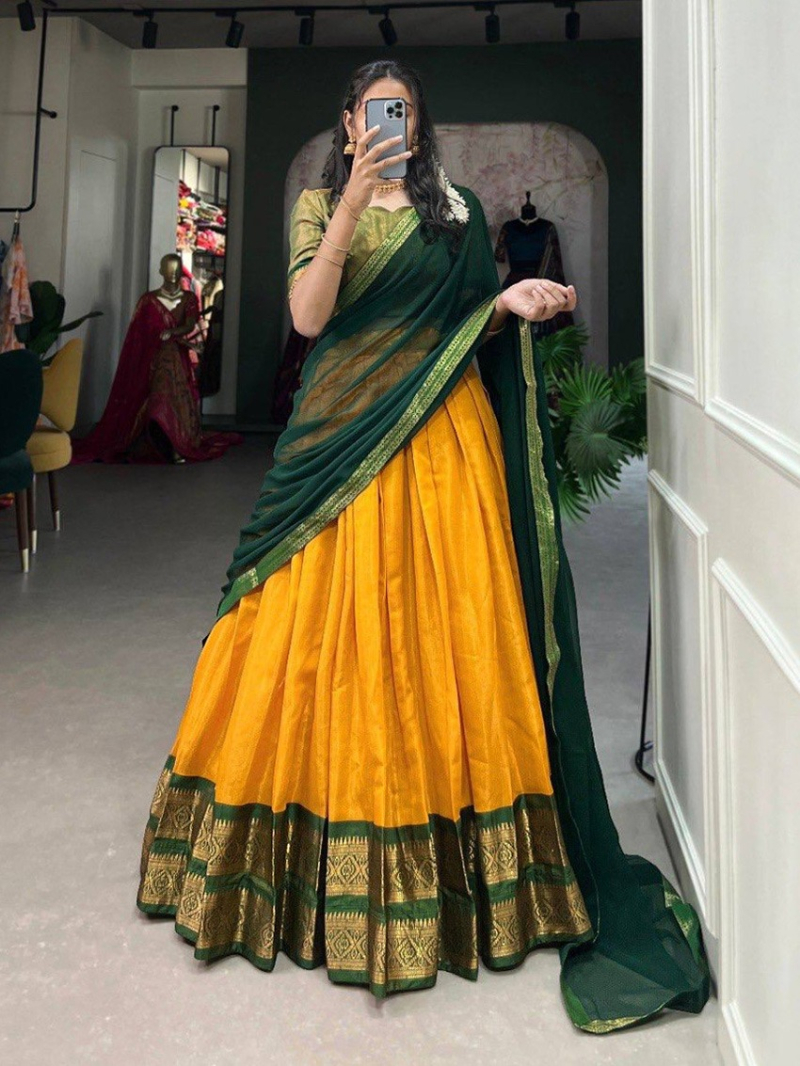 Elegant Ethnic Festive Mustard & Bottle Green Kanchipuram Silk Lehanga Suit