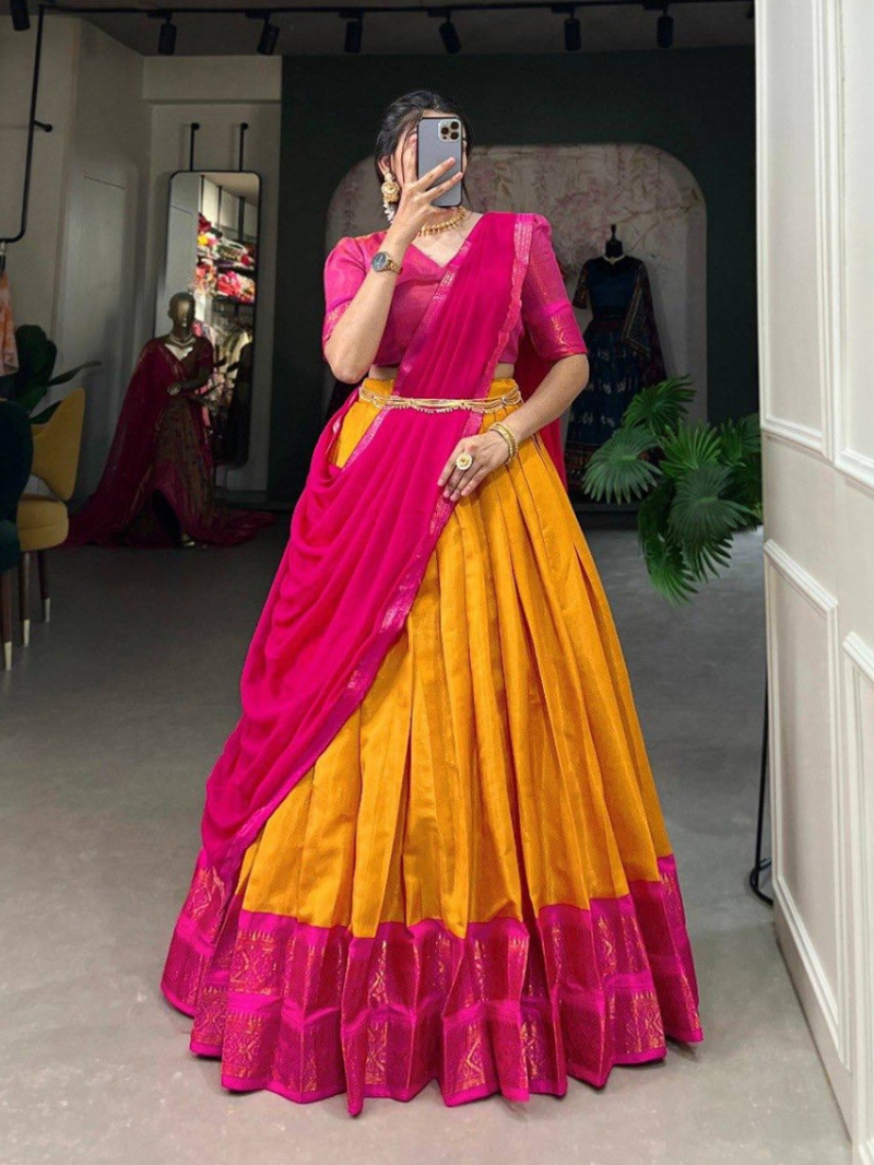 Elegant Ethnic Royal Yellow & Rani Pink Kanchipuram Silk Lehanga Suit