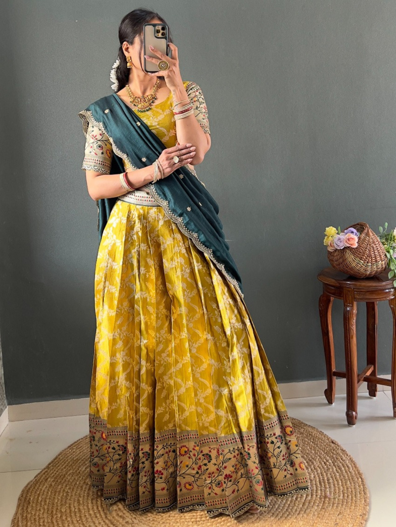 Authentic  Elegant Tissue Silk  Mustard Paithani Lehanga Suit